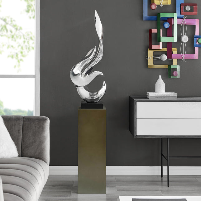 Chrome Flame Floor Sculpture With Gray Stand, 65" Tall Sculpture TriadCommerceInc   