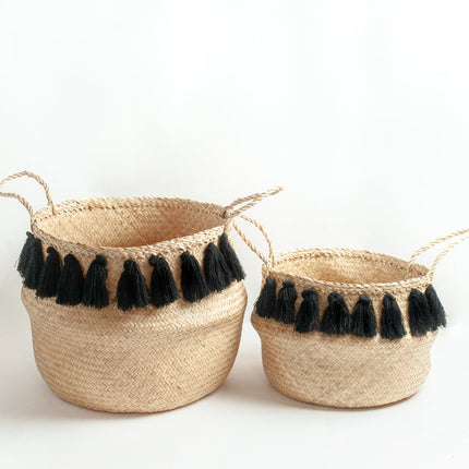 Black Tasseled Belly Baskets Baskets TriadCommerceInc Medium + Large Set