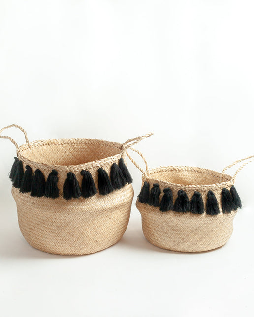 Black Tasseled Belly Baskets Baskets TriadCommerceInc Medium + Large Set