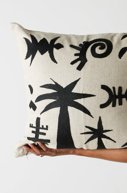 Keiskamma Black Linen & Silk Embroidered Throw Pillow Pillows TriadCommerceInc