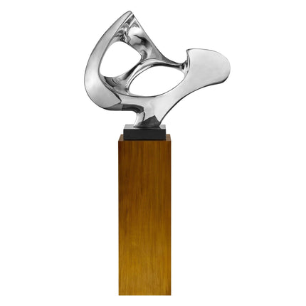 Chrome Abstract Mask Floor Sculpture With Wood Stand, 54" Tall Sculpture TriadCommerceInc   