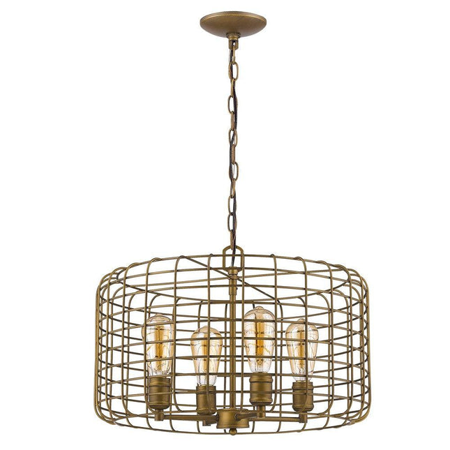 Lynden 4-Light Raw Brass Drum Pendant With Wire Cage Shade Pendants TriadCommerceInc   