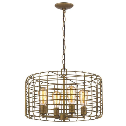 Lynden 4-Light Raw Brass Drum Pendant With Wire Cage Shade Pendants TriadCommerceInc   