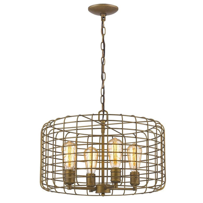 Lynden 4-Light Raw Brass Drum Pendant With Wire Cage Shade Pendants TriadCommerceInc   