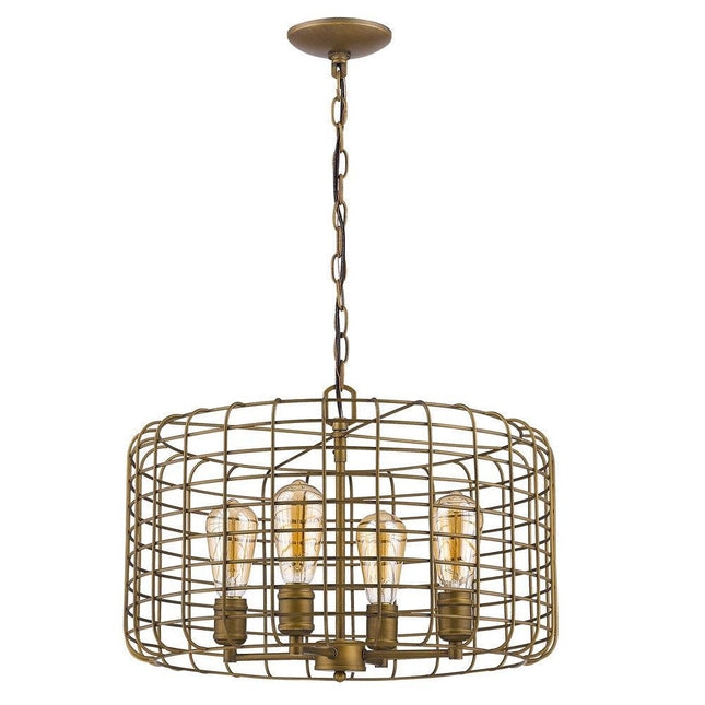 Lynden 4-Light Raw Brass Drum Pendant With Wire Cage Shade Pendants TriadCommerceInc   