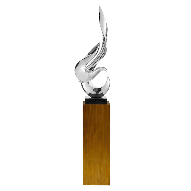 Chrome Flame Floor Sculpture With Wood Stand, 65" Tall Sculpture TriadCommerceInc   