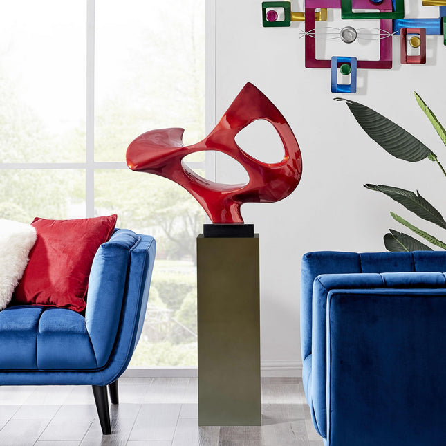 Metallic Red Abstract Mask Floor Sculpture With Gray Stand, 54" Tall Sculpture TriadCommerceInc   