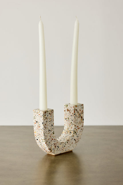 U-shaped Neutral Terrazzo Taper Candle Holder Décor TriadCommerceInc
