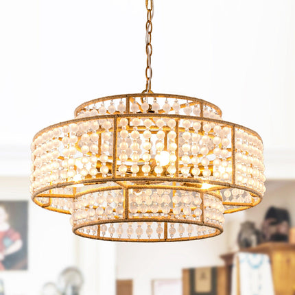 6-Light Antique Gold Farmhouse Drum Beaded Chandelier Home Decor > Lighting > Ceiling Lights > Chandelier TriadCommerceInc