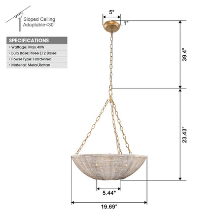 Farmhouse 3-Light Rattan Pendant Lighting Bowl Shape Home Decor > Lighting > Ceiling Lights > Pendant Lights TriadCommerceInc