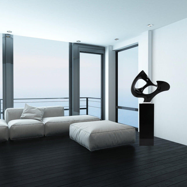 Black Abstract Mask Floor Sculpture With Black Stand, 54" Tall Sculpture TriadCommerceInc   