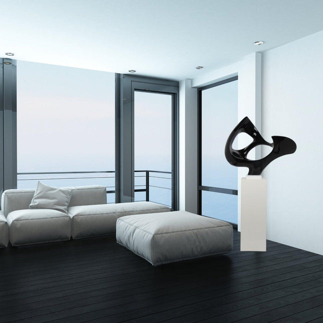 Black Abstract Mask Floor Sculpture With White Stand, 54" Tall Sculpture TriadCommerceInc   