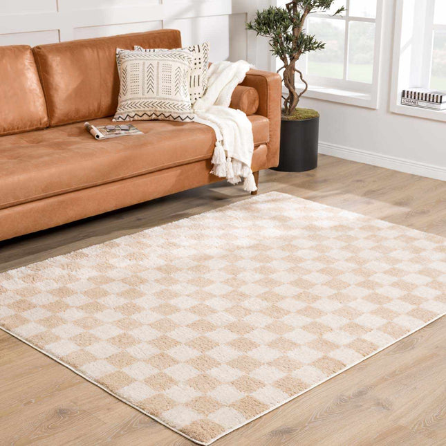 Canika Checkered Cream Washable Area Rug Rugs TriadCommerceInc