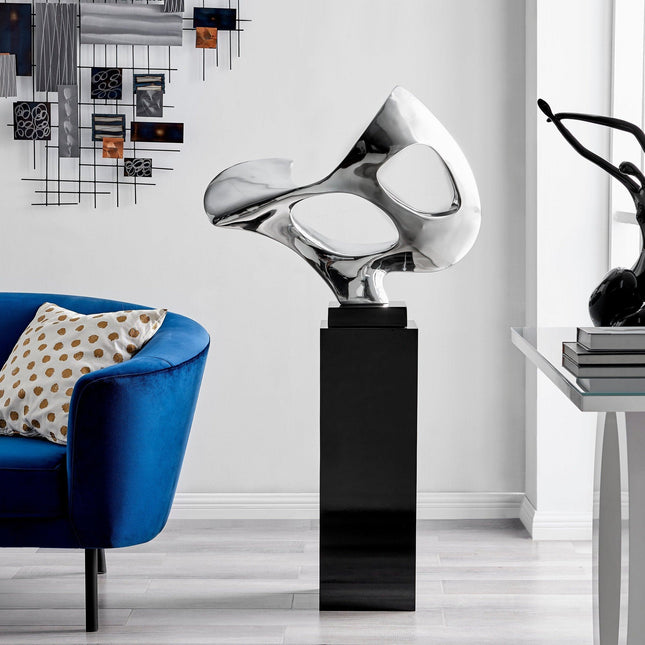 Chrome Abstract Mask Floor Sculpture With Black Stand, 54" Tall Sculpture TriadCommerceInc   