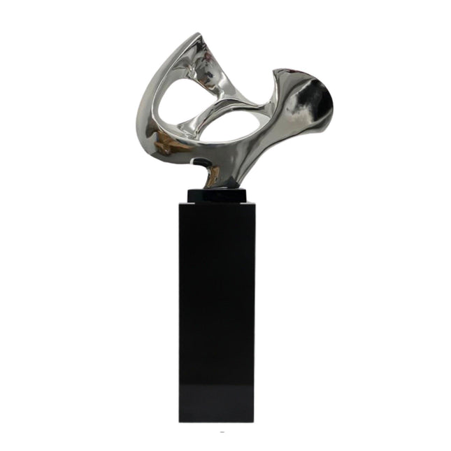 Chrome Abstract Mask Floor Sculpture With Black Stand, 54" Tall Sculpture TriadCommerceInc   
