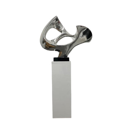 Chrome Abstract Mask Floor Sculpture With White Stand, 54" Tall Sculpture TriadCommerceInc   