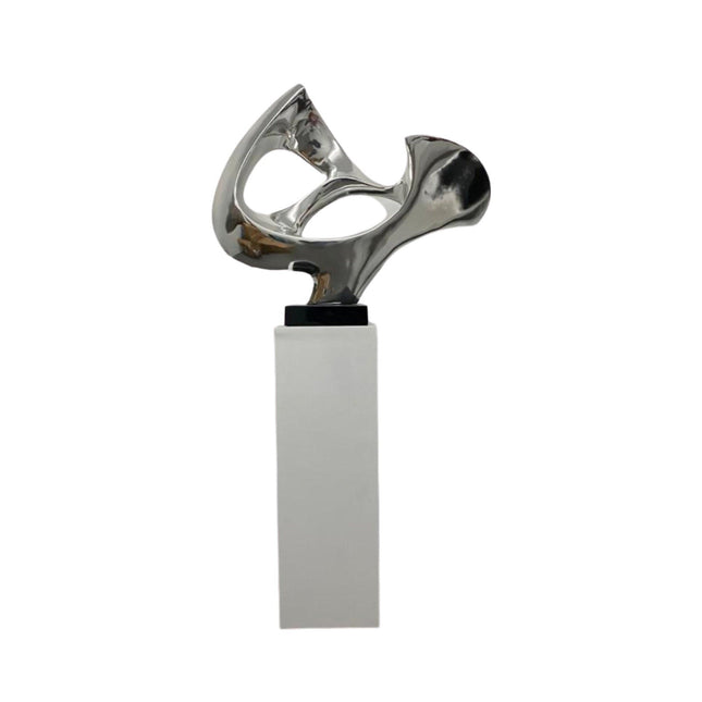 Chrome Abstract Mask Floor Sculpture With White Stand, 54" Tall Sculpture TriadCommerceInc   