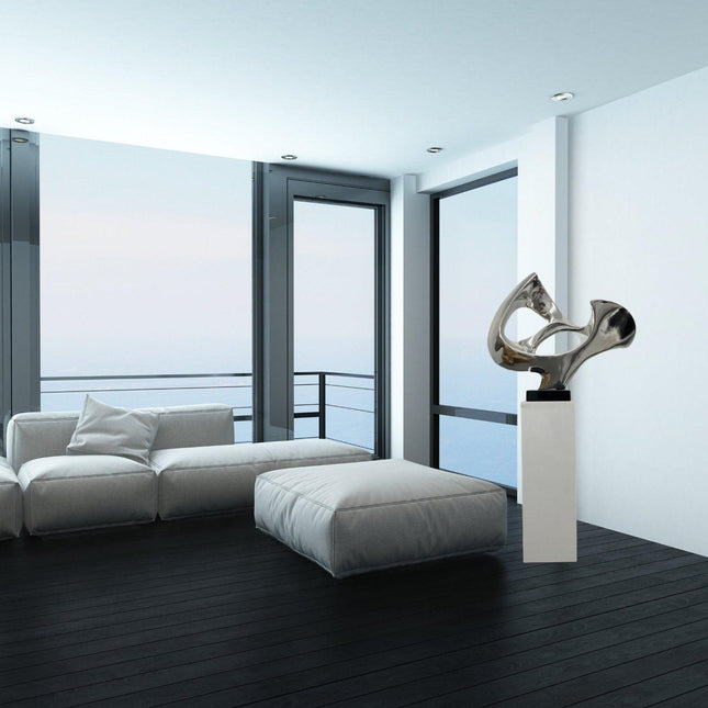 Chrome Abstract Mask Floor Sculpture With White Stand, 54" Tall Sculpture TriadCommerceInc   