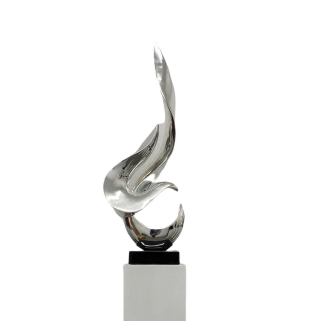 Chrome Flame Floor Sculpture With White Stand, 65" Tall Sculpture TriadCommerceInc   