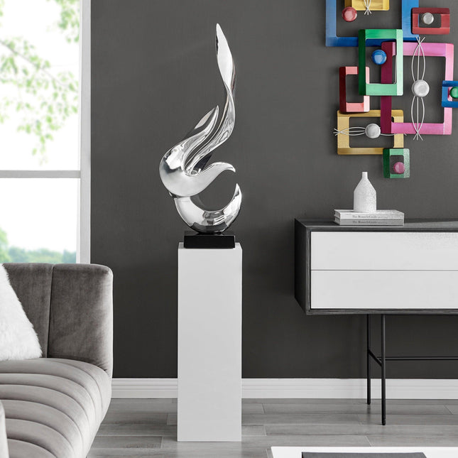 Chrome Flame Floor Sculpture With White Stand, 65" Tall Sculpture TriadCommerceInc   