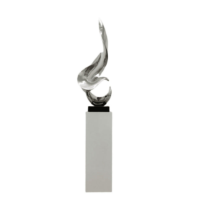 Chrome Flame Floor Sculpture With White Stand, 65" Tall Sculpture TriadCommerceInc   
