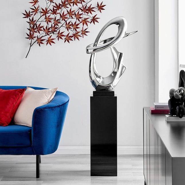 Chrome Fluid Abstract Floor Sculpture With Black Stand, 59" Tall Sculpture TriadCommerceInc   