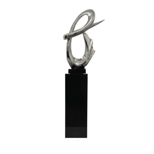 Chrome Fluid Abstract Floor Sculpture With Black Stand, 59" Tall Sculpture TriadCommerceInc   