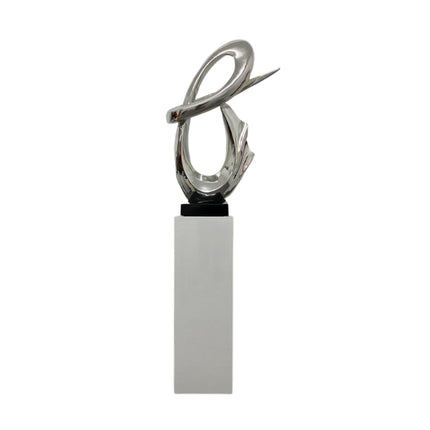 Chrome Fluid Abstract Floor Sculpture With White Stand, 59" Tall Sculpture TriadCommerceInc   