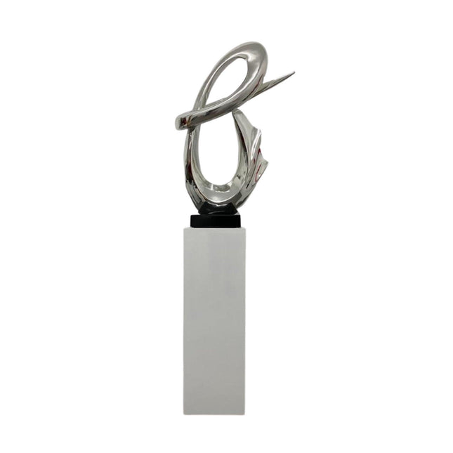 Chrome Fluid Abstract Floor Sculpture With White Stand, 59" Tall Sculpture TriadCommerceInc   