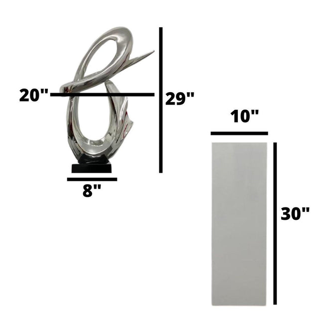 Chrome Fluid Abstract Floor Sculpture With White Stand, 59" Tall Sculpture TriadCommerceInc   