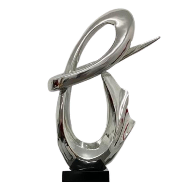 Chrome Fluid Abstract Floor Sculpture With White Stand, 59" Tall Sculpture TriadCommerceInc   
