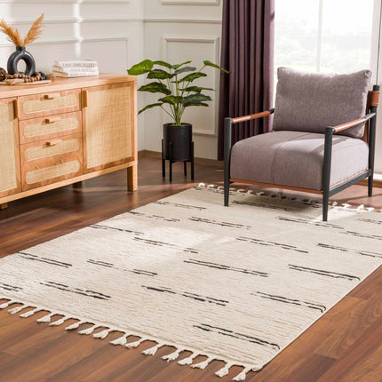 Riad Black Striped White Rug with Tassels Rugs TriadCommerceInc