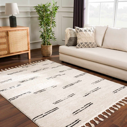 Riad Black Striped White Rug with Tassels Rugs TriadCommerceInc