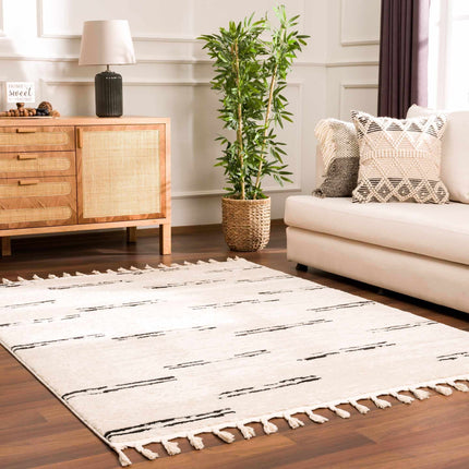 Riad Black Striped White Rug with Tassels Rugs TriadCommerceInc