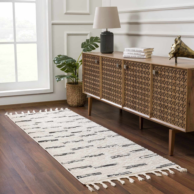 Riad Black Striped White Rug with Tassels Rugs TriadCommerceInc