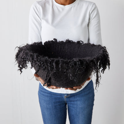 Fringed Skirt Black Decorative Karakul Wool and Mohair Bowl Baskets TriadCommerceInc