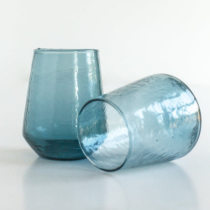 Pair of Hammered Glass Stemless Tumblers Kitchen & Dining TriadCommerceInc Blue