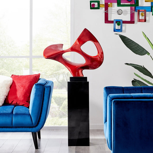 Metallic Red Abstract Mask Floor Sculpture With Black Stand, 54" Tall Sculpture TriadCommerceInc   