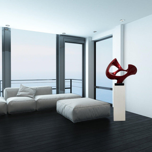 Metallic Red Abstract Mask Floor Sculpture With White Stand, 54" Tall Sculpture TriadCommerceInc   