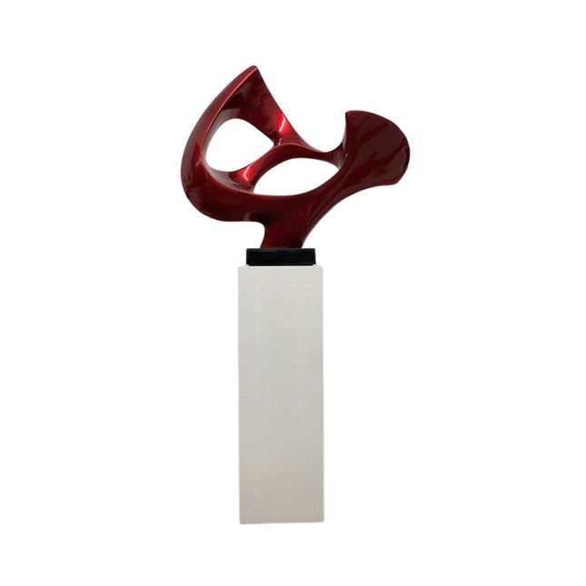 Metallic Red Abstract Mask Floor Sculpture With White Stand, 54" Tall Sculpture TriadCommerceInc   