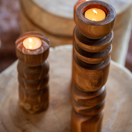 Abstract Wooden Tealight Totem Candle Holder Décor TriadCommerceInc Cognac Set of 2