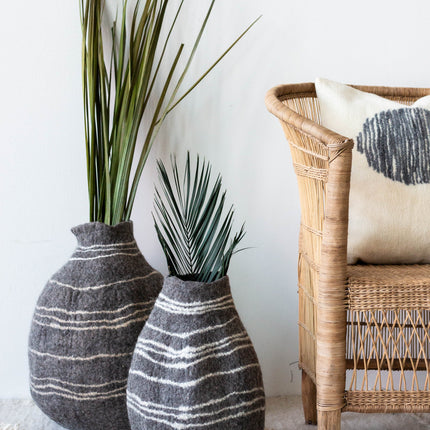 Tribal Lines Grey Hand-Felted Wool Gourd Basket Baskets TriadCommerceInc Small