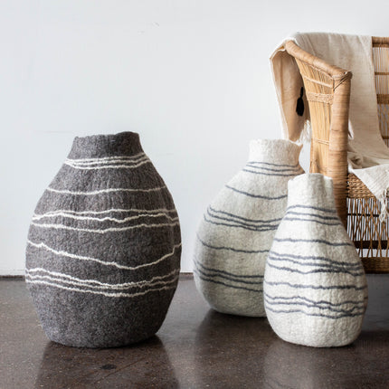 Tribal Lines Grey Hand-Felted Wool Gourd Basket Baskets TriadCommerceInc