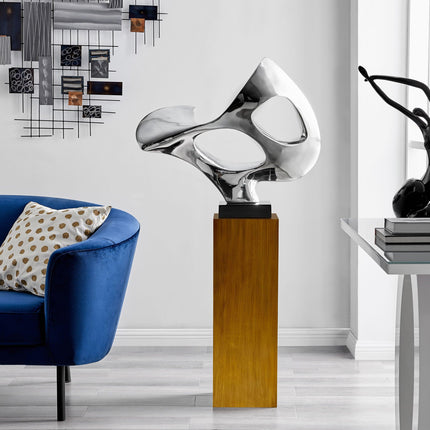 Chrome Abstract Mask Floor Sculpture With Wood Stand, 54" Tall Sculpture TriadCommerceInc   