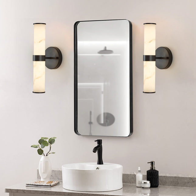 Set of 2 Resin Marble-Effect Wall Lights with Black Iron Frame Wall Lighting TriadCommerceInc as Pic  