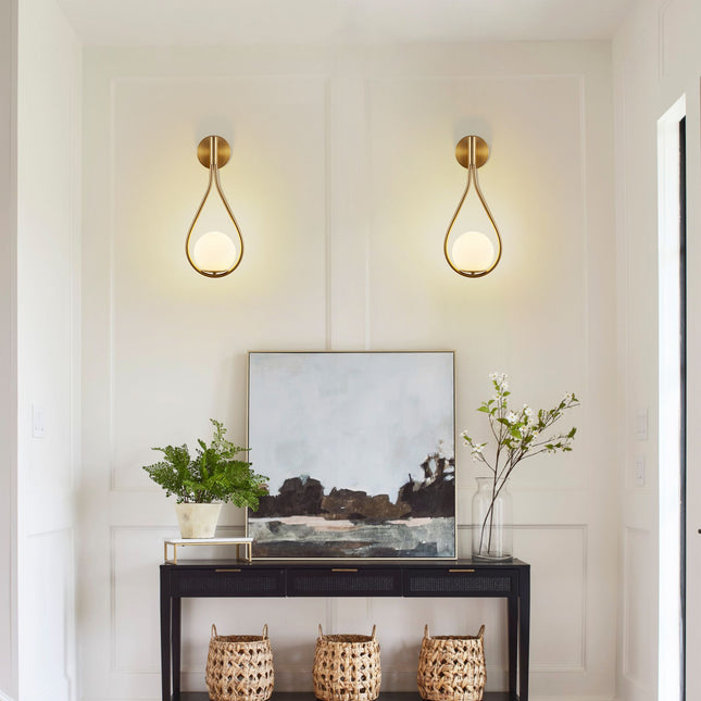 Set of 2 Mid-Century Modern Gold Wall Sconces with Opal Glass Globes Home Decor > Lighting > Wall Lighting > Wall Sconces TriadCommerceInc