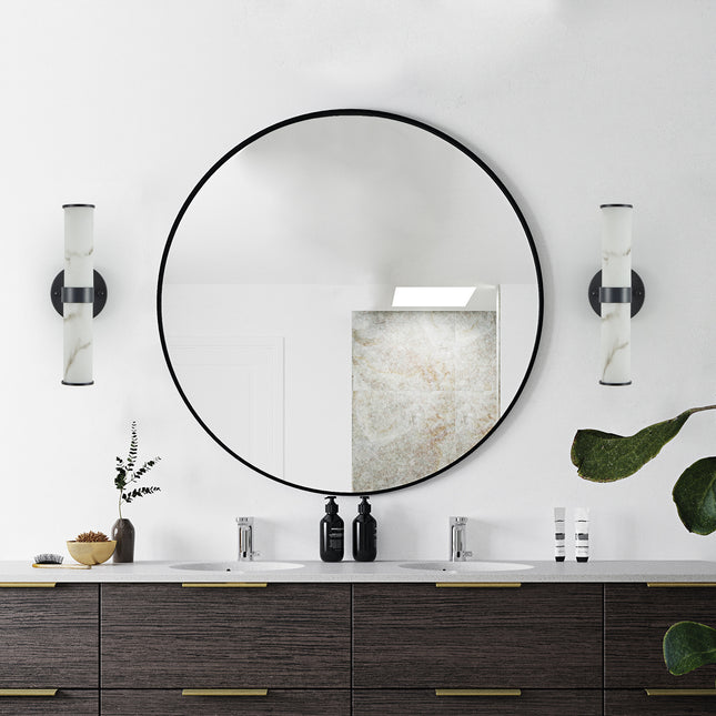 Set of 2 Resin Marble-Effect Wall Lights with Black Iron Frame Wall Lighting TriadCommerceInc   