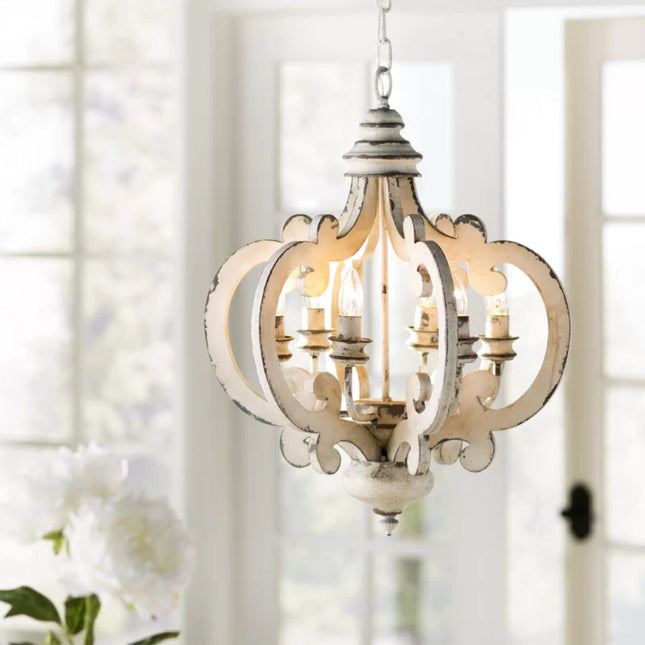 Antiqued Wood And Metal Chandelier, White Home Decor > Lighting > Ceiling Lights > Chandelier TriadCommerceInc