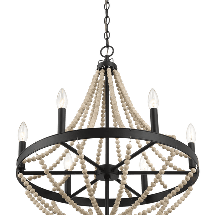 Starry Wood Chandelier Farmhouse Six Candle Light Wood Beaded Black Pendant Light for Dining Room Home Decor > Lighting > Ceiling Lights > Chandelier TriadCommerceInc