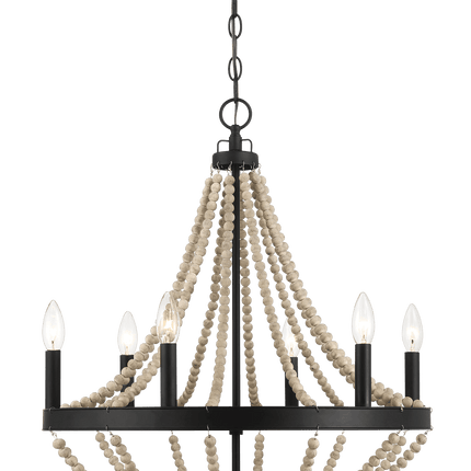 Starry Wood Chandelier Farmhouse Six Candle Light Wood Beaded Black Pendant Light for Dining Room Home Decor > Lighting > Ceiling Lights > Chandelier TriadCommerceInc